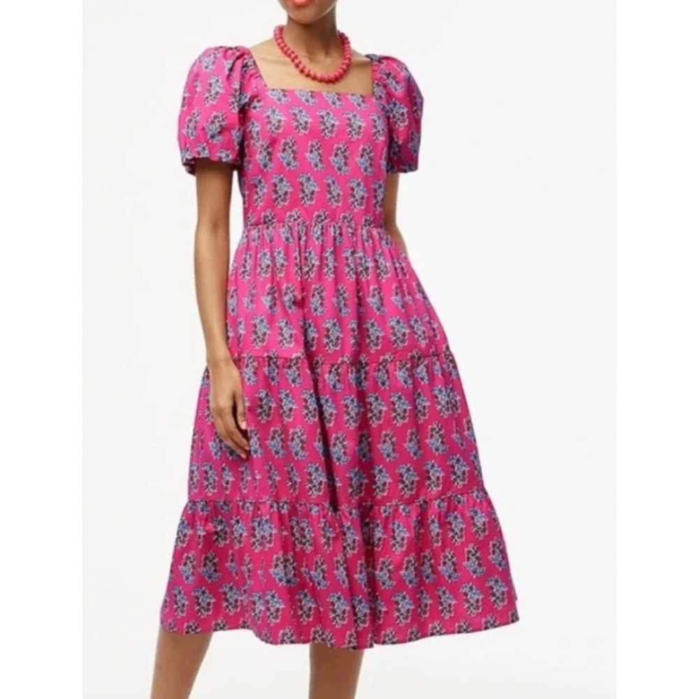 J.Crew Pink Floral Brunch Block Print Puff Sleeve Tiered Midi Dress SZ 8 - Picture 1 of 9
